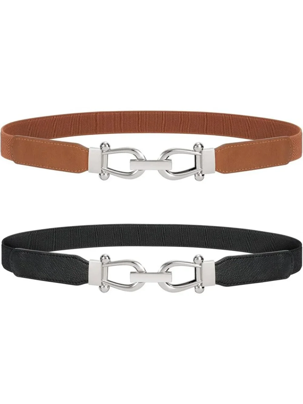 Women's Black Brown Retro Stretch Adjustable Belt 2-Pcs With Silver Buckle